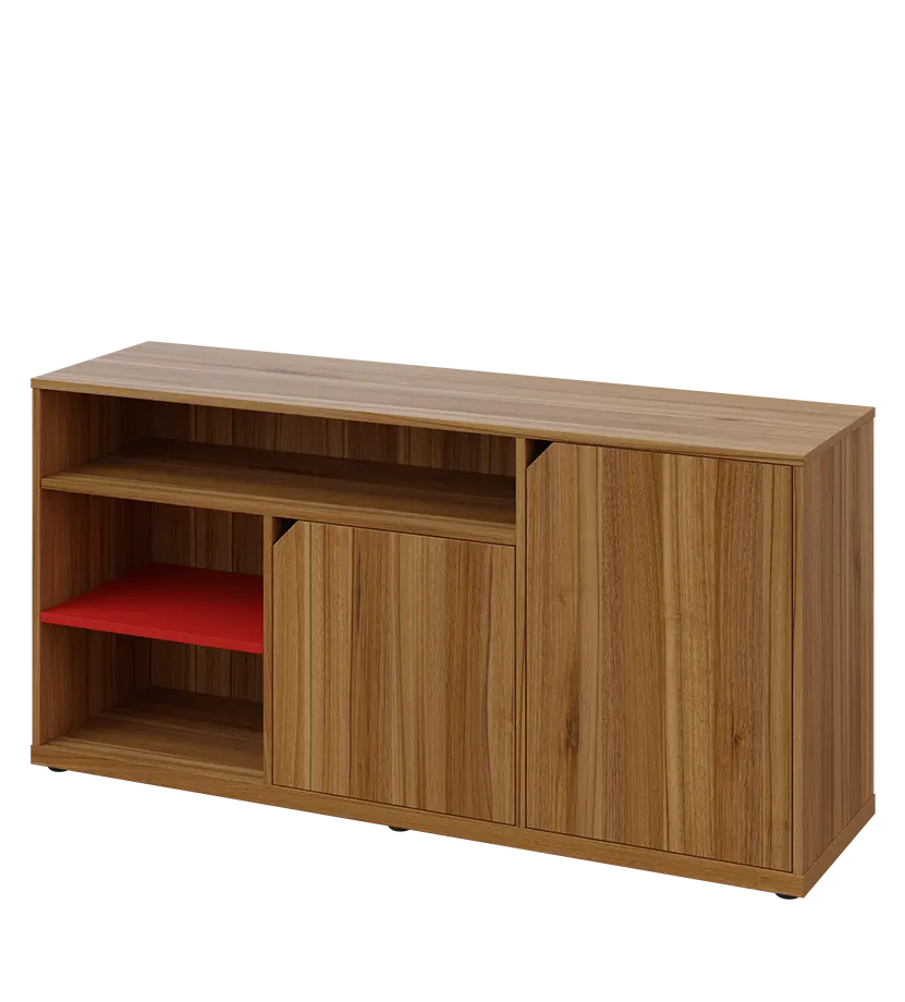 KU2-15DN3 P skříňka nízká 2-dveřová, nika, 740x1522x400, provedení pravé, korpus a dvířka ořech světlý/police červená